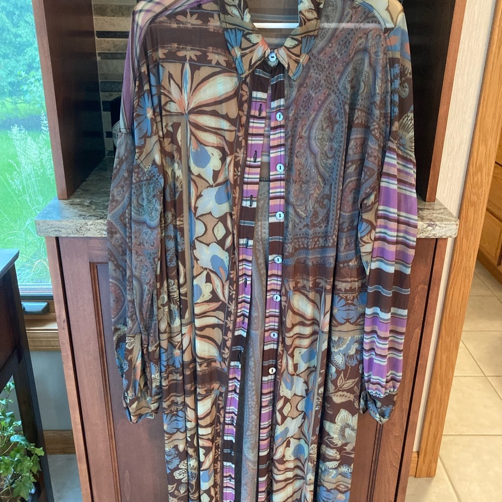 Blue, Purple, and Brown Casual Long Sleeve Dress/Tunic with Bishop Sleeves